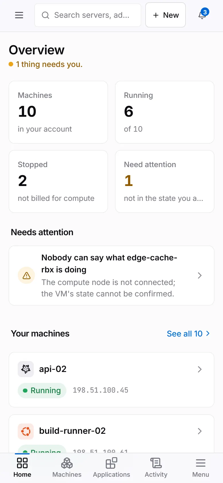 A customer's Overview on a phone: 1 thing needs you. Machines 10, Running 6 of 10, Stopped 2, Need attention 1. Nobody can say what edge-cache-rbx is doing, because its compute node is not connected. Then the customer's machines, and a tab bar with Home, Machines, Applications, Activity and Menu.